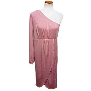 Kojooin Womens One Shoulder Party Dress Long Sleeve Pink Asymmetrical Size Large